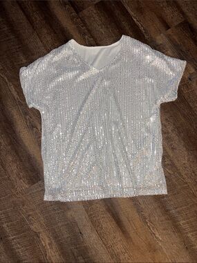 White Sequined V-Neck Top